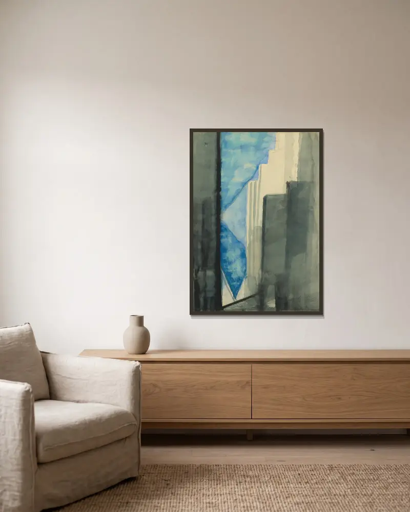 Wolkenkratzer von Joseph Stella gerahmt an einer Wand