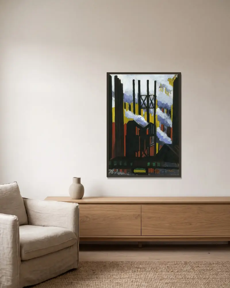 Steel Mill av Joseph Stella inramad på en vägg