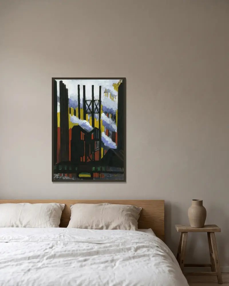 Steel Mill av Joseph Stella inramad på en vägg