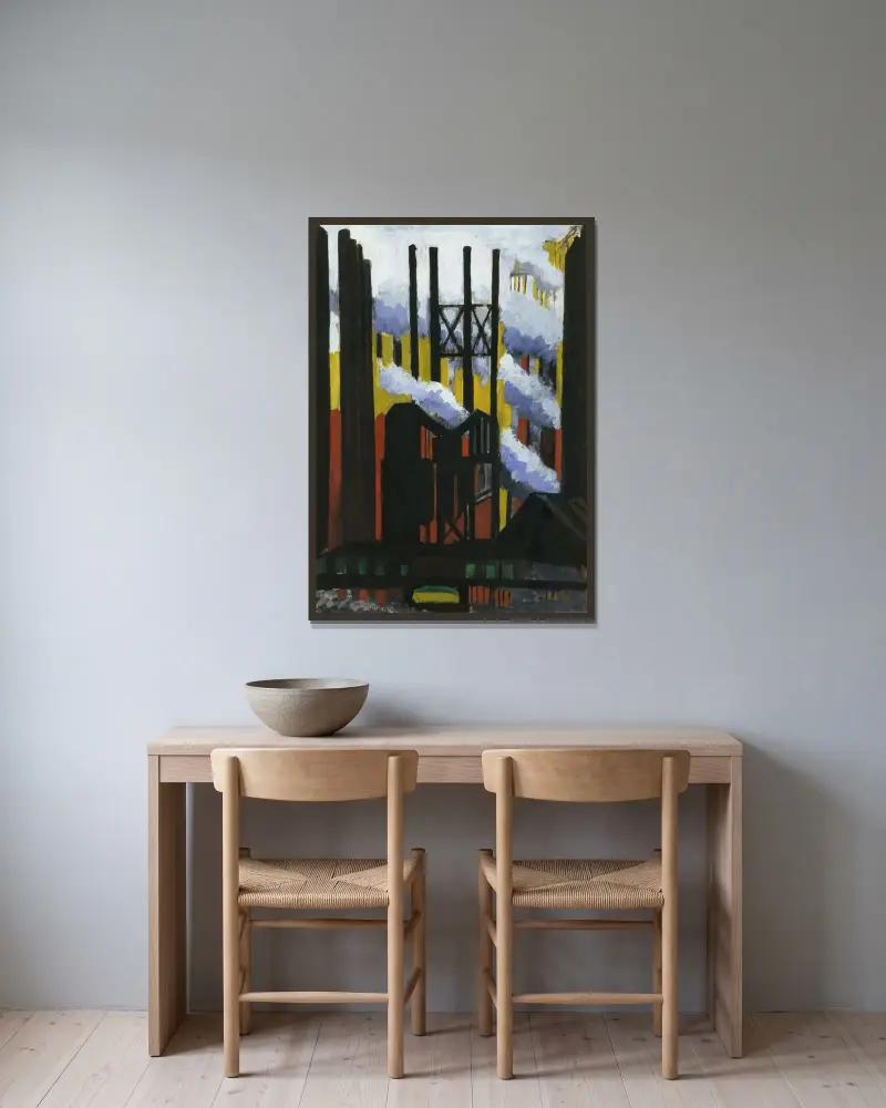 Steel Mill av Joseph Stella inramad på en vägg