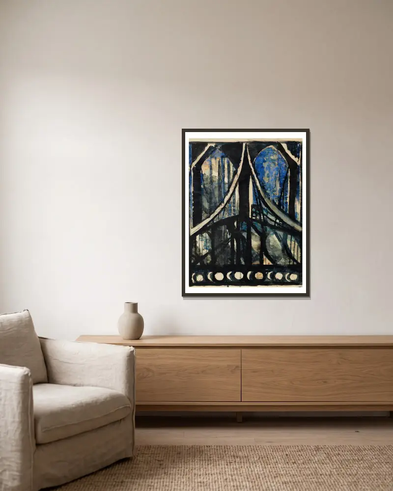 Study of the Brooklyn Bridge av Joseph Stella inramad på en vägg