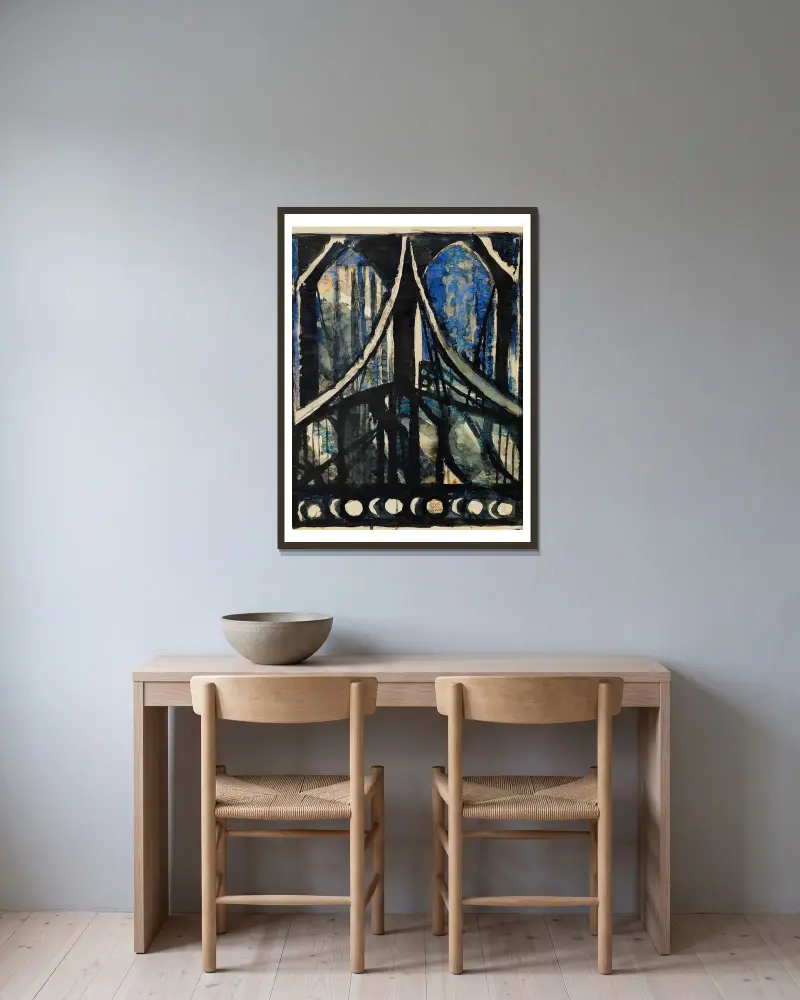 Study of the Brooklyn Bridge av Joseph Stella inramad på en vägg