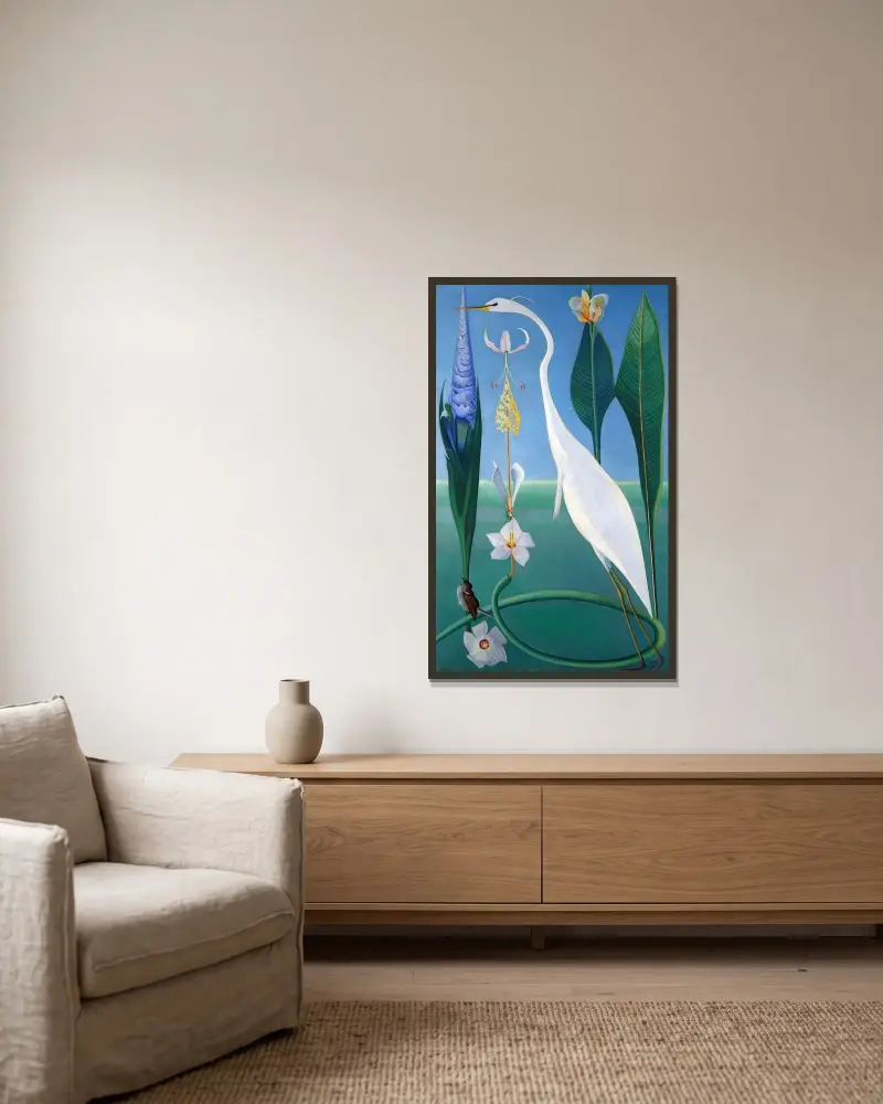 Den vita hägern av Joseph Stella inramad på en vägg