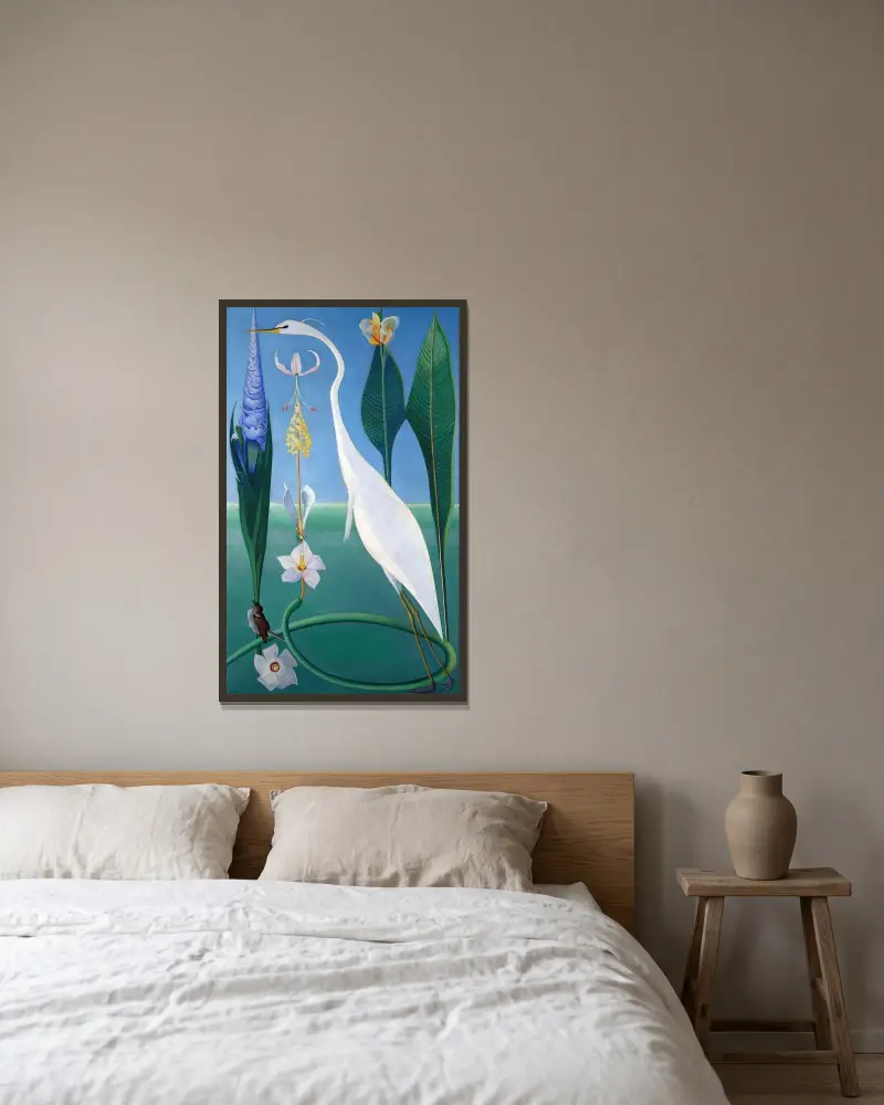 Den vita hägern av Joseph Stella inramad på en vägg