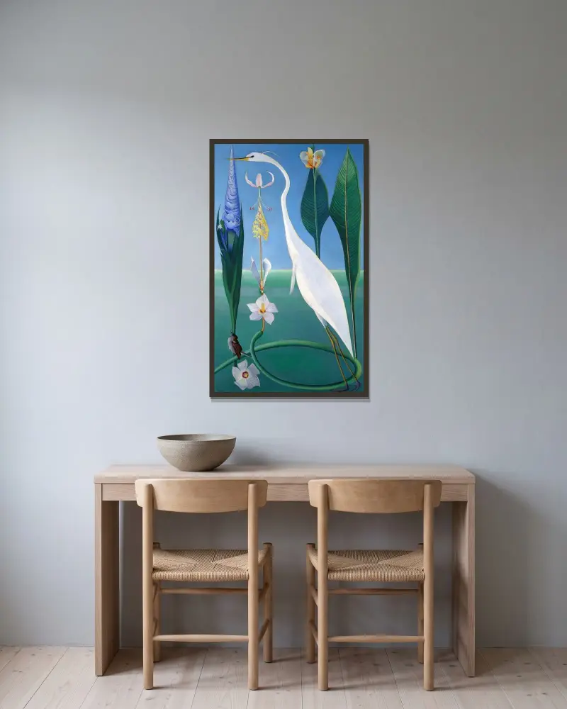 Den vita hägern av Joseph Stella inramad på en vägg