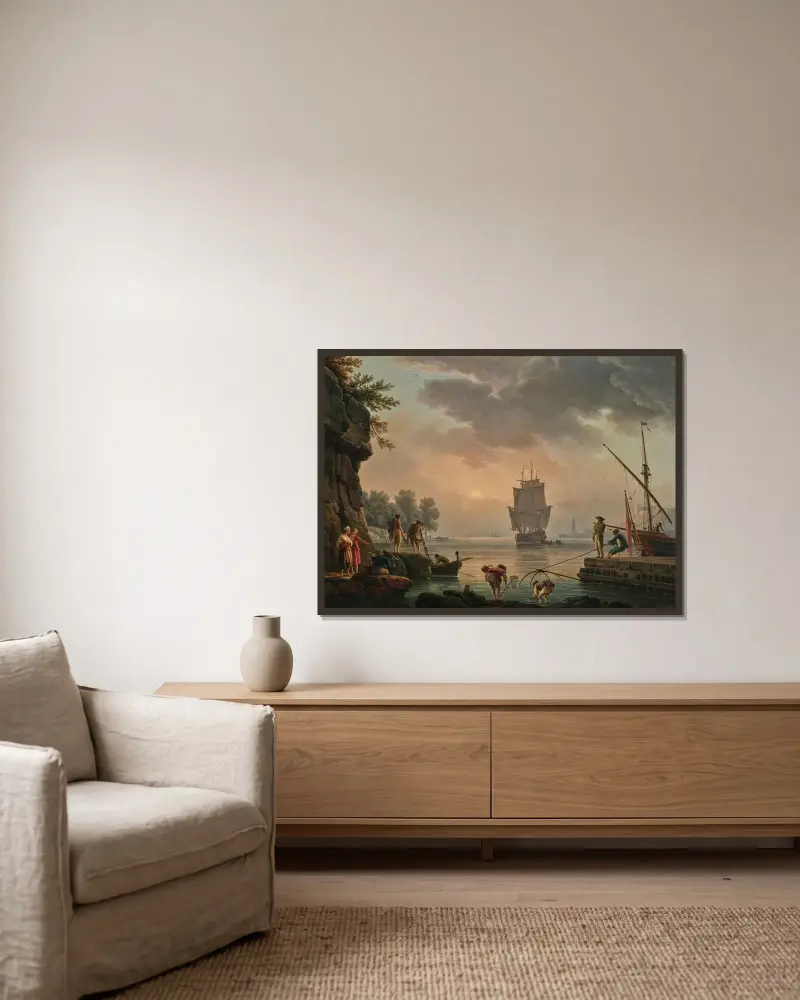En dimmig scen av Claude-Joseph Vernet inramad på en vägg