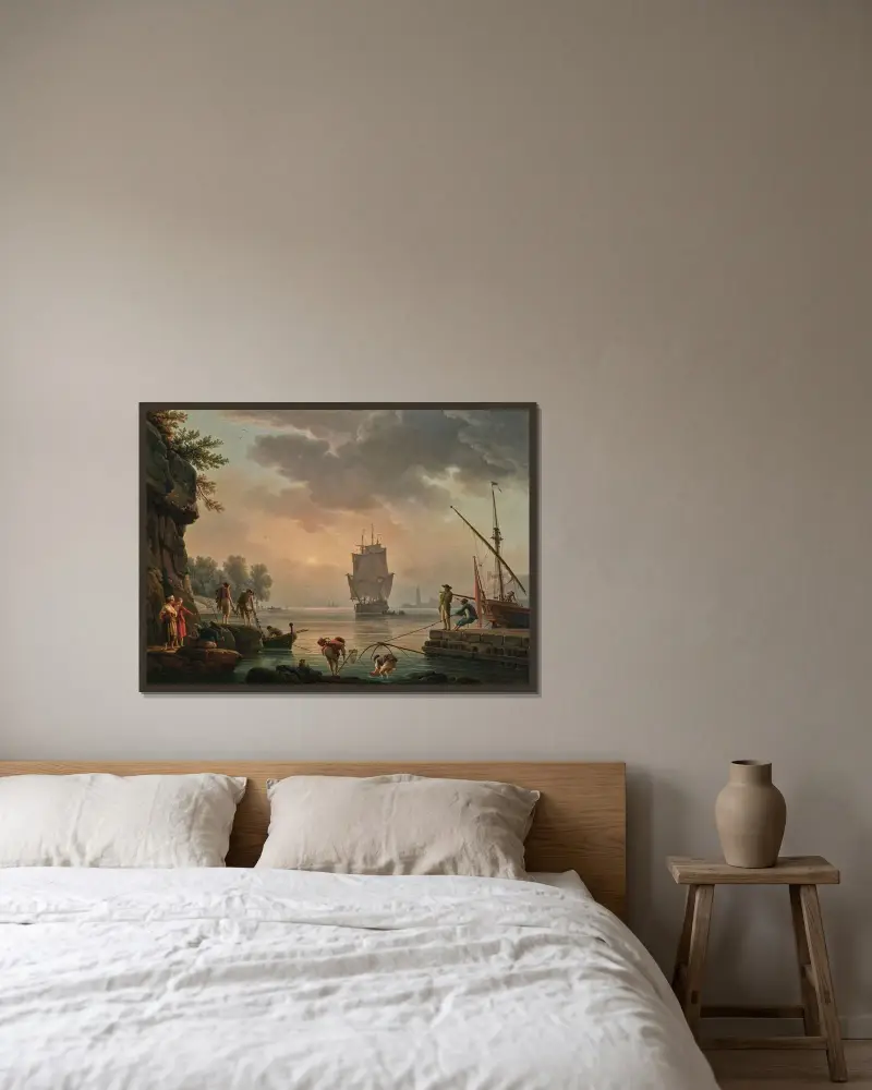 En dimmig scen av Claude-Joseph Vernet inramad på en vägg