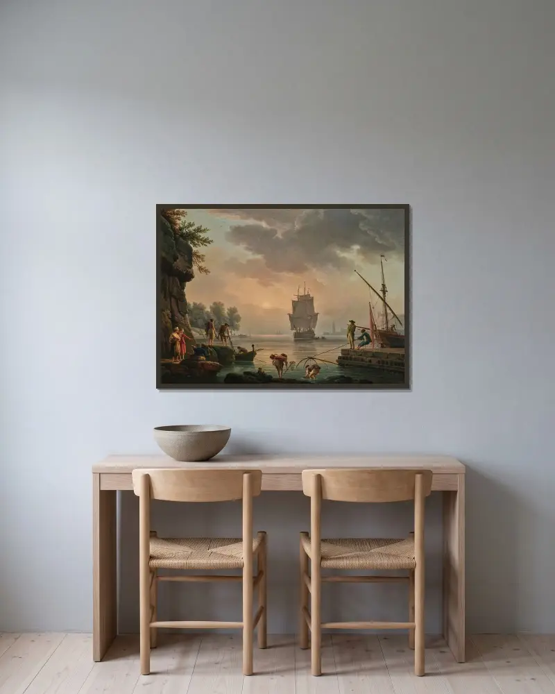 En dimmig scen av Claude-Joseph Vernet inramad på en vägg
