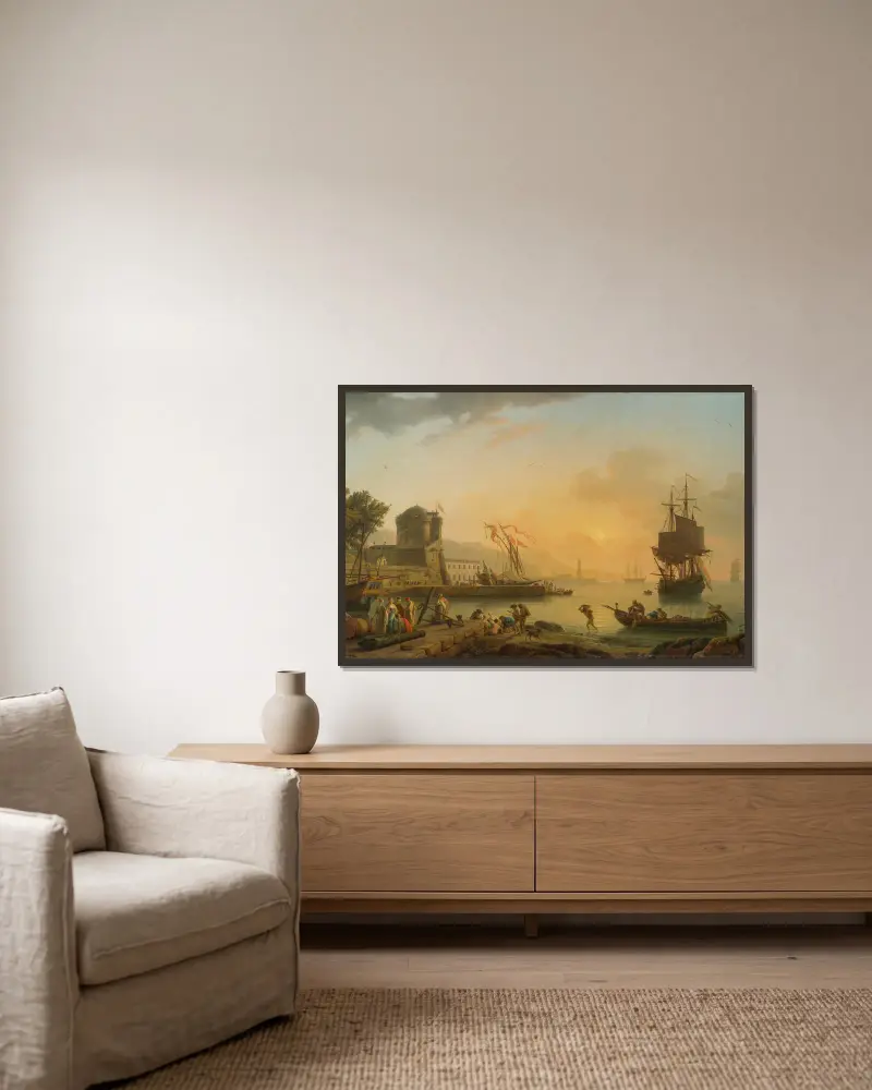 A Grand View Of The Sea Shore Enriched With Buildings, Shipping And Figures av Claude-Joseph Vernet inramad på en vägg