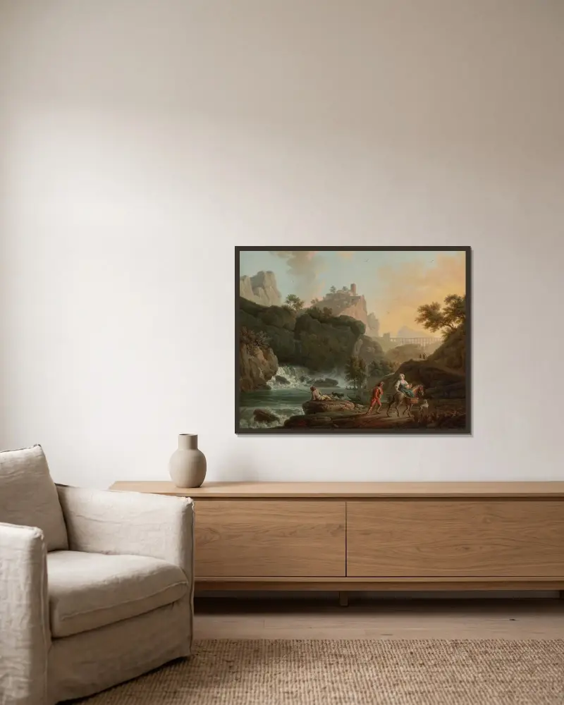 Ett klipplandskap med en fiskare och resenärer vid en flod med ett vattenfall, en akvedukt i fjärran av Claude-Joseph Vernet inramad på en vägg