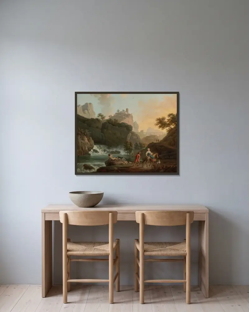 Ett klipplandskap med en fiskare och resenärer vid en flod med ett vattenfall, en akvedukt i fjärran av Claude-Joseph Vernet inramad på en vägg