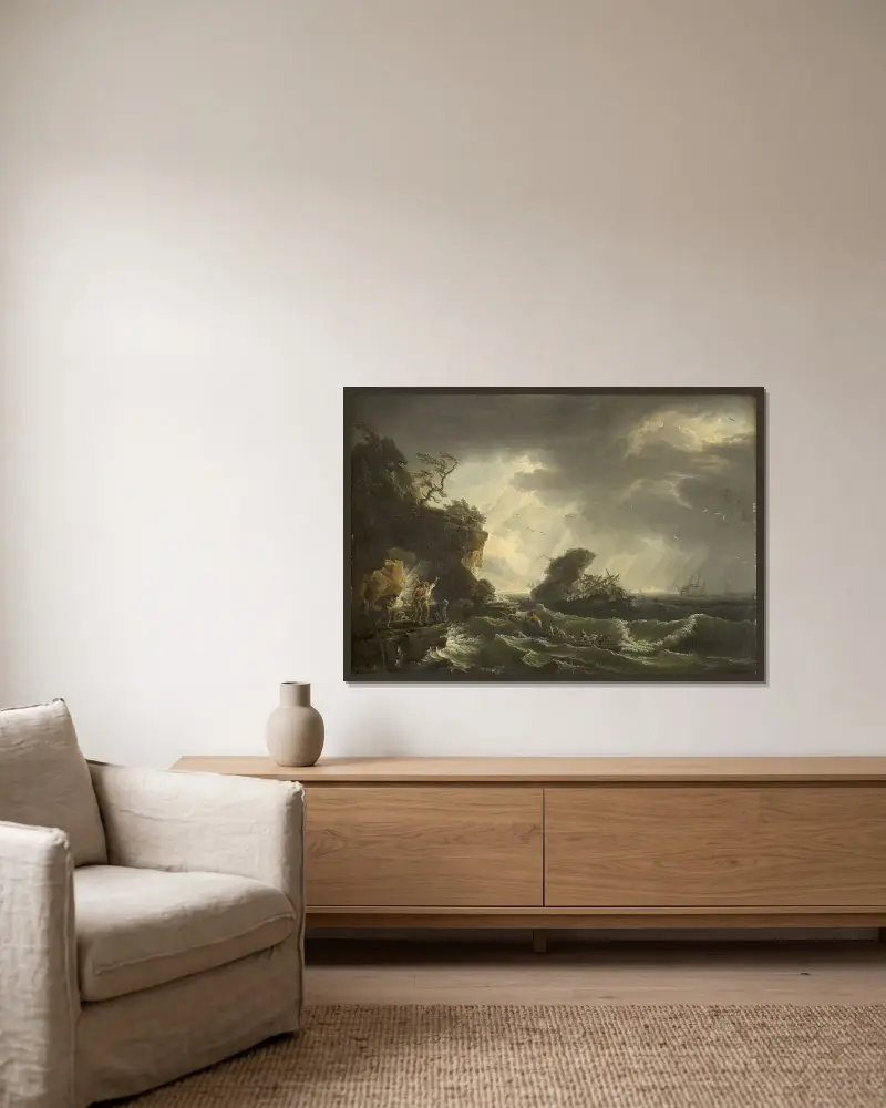 Ett skeppsbrott av Claude-Joseph Vernet inramad på en vägg