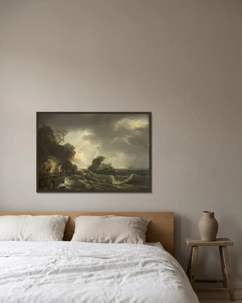 Ett skeppsbrott av Claude-Joseph Vernet inramad på en vägg