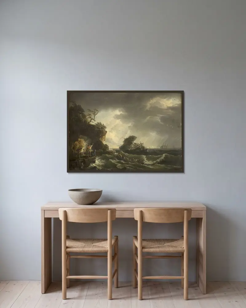 Ett skeppsbrott av Claude-Joseph Vernet inramad på en vägg