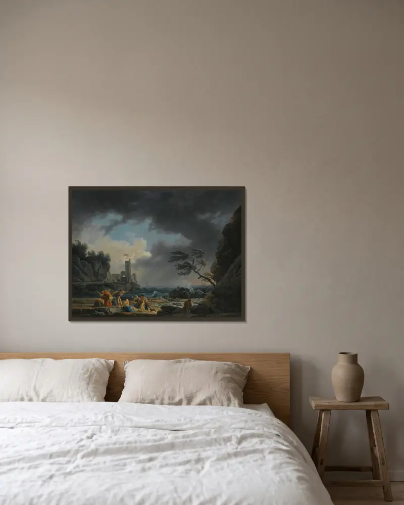 Stormig kustscen med figurer på en strand efter skeppsbrott av Claude-Joseph Vernet inramad på en vägg