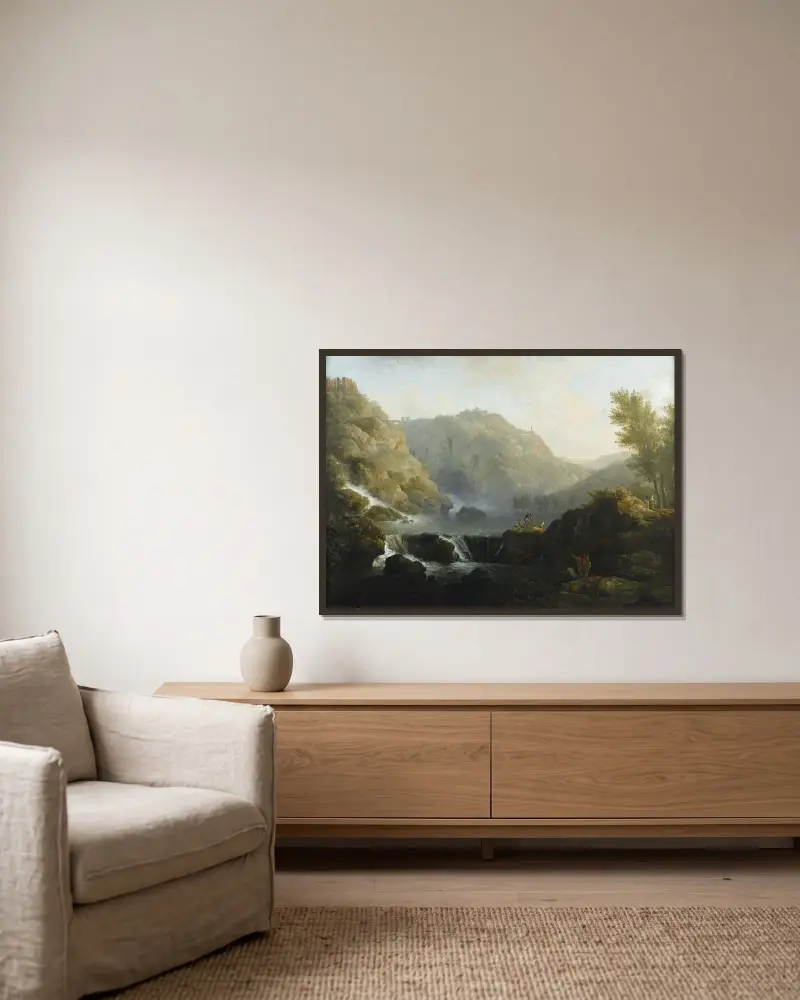 Tecknare framför ett vattenfall vid foten av Tivoli av Claude-Joseph Vernet inramad på en vägg