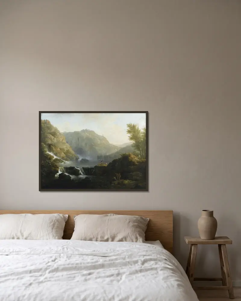 Tecknare framför ett vattenfall vid foten av Tivoli av Claude-Joseph Vernet inramad på en vägg