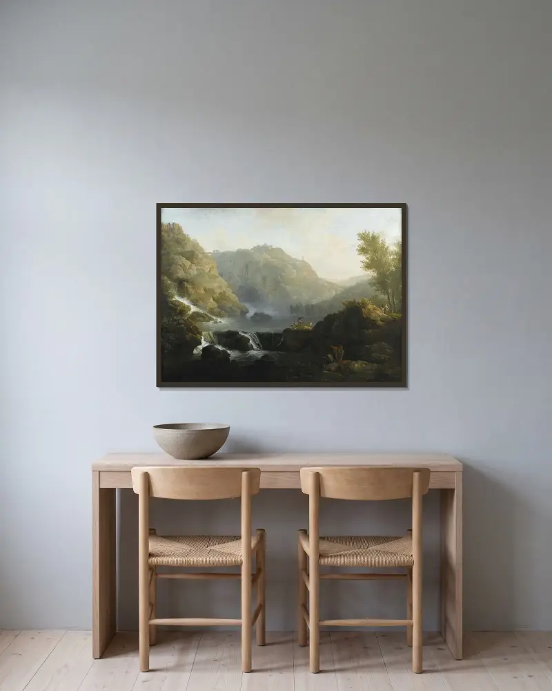 Tecknare framför ett vattenfall vid foten av Tivoli av Claude-Joseph Vernet inramad på en vägg