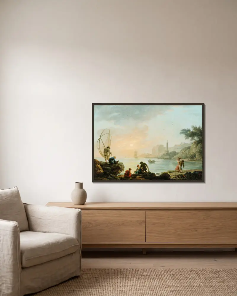 Fishers at the sunrise av Claude-Joseph Vernet inramad på en vägg