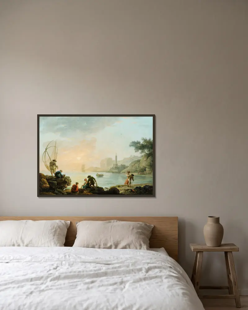 Fishers at the sunrise av Claude-Joseph Vernet inramad på en vägg
