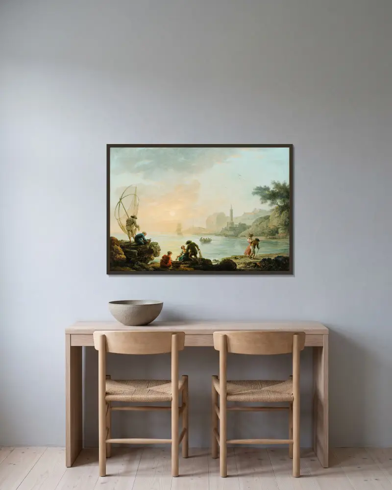 Fishers at the sunrise av Claude-Joseph Vernet inramad på en vägg