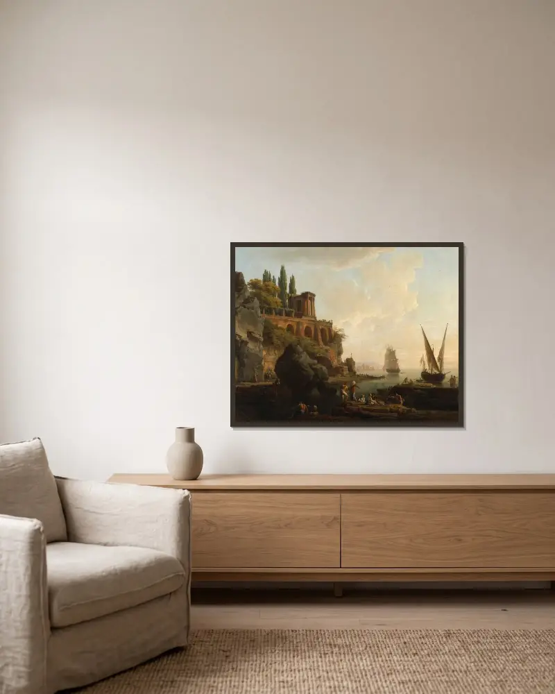 Föreställt landskap, italiensk hamnscen av Claude-Joseph Vernet inramad på en vägg