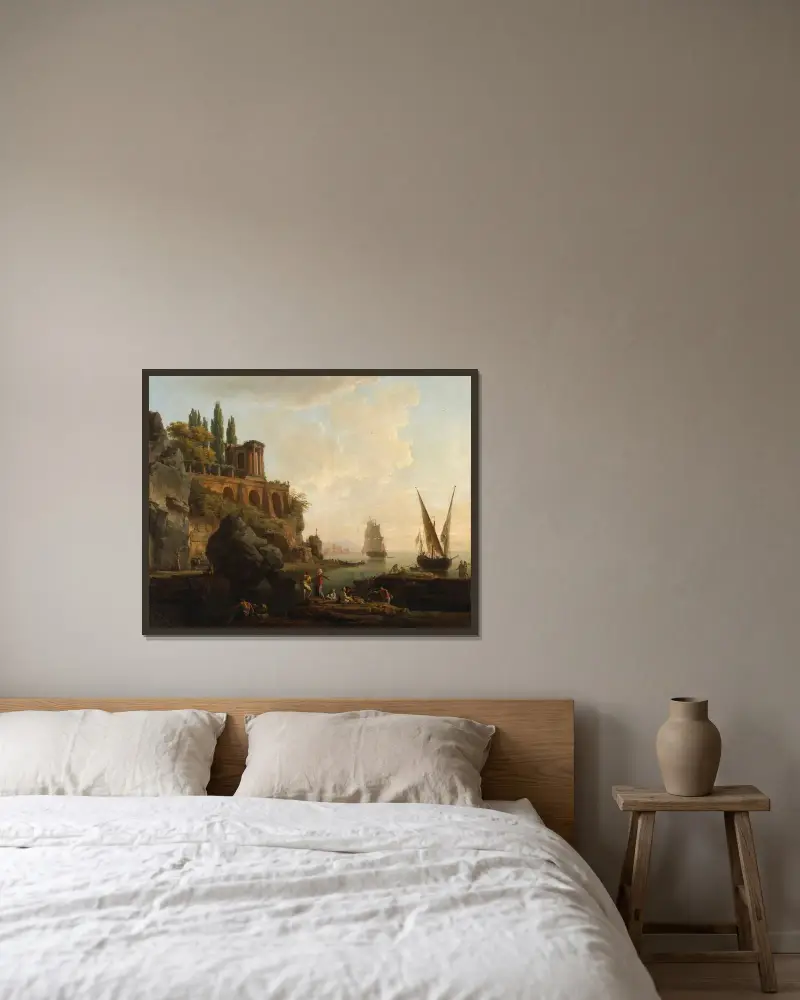 Föreställt landskap, italiensk hamnscen av Claude-Joseph Vernet inramad på en vägg