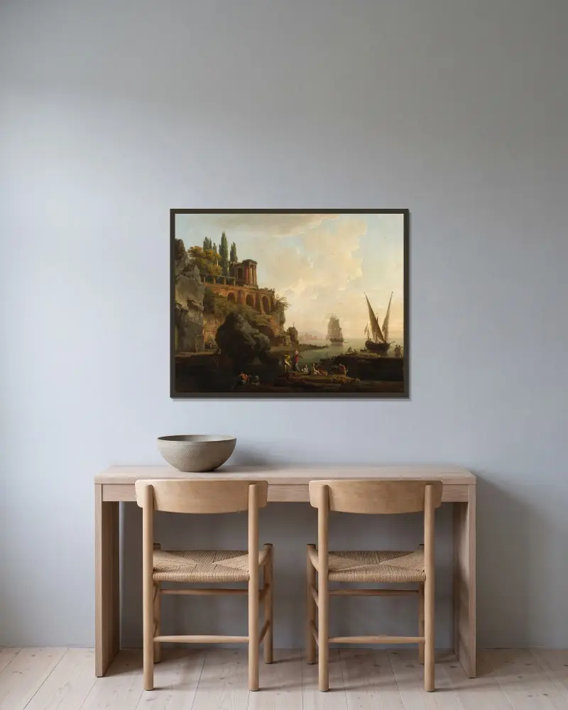 Föreställt landskap, italiensk hamnscen av Claude-Joseph Vernet inramad på en vägg