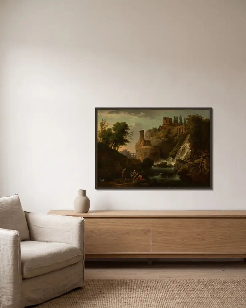 Les Cascatelles de Tivoli av Claude-Joseph Vernet inramad på en vägg