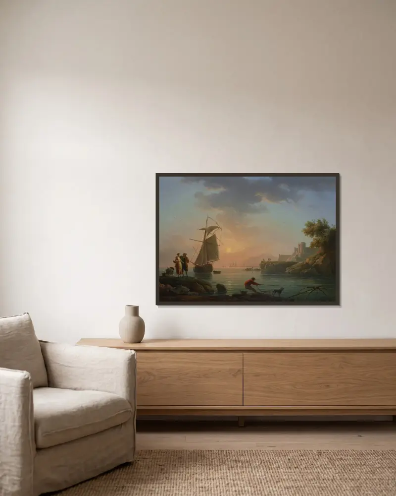 Mittelmeerhafen bei Sonnenuntergang, mit einem Fischer im Vordergrund von Claude-Joseph Vernet gerahmt an einer Wand