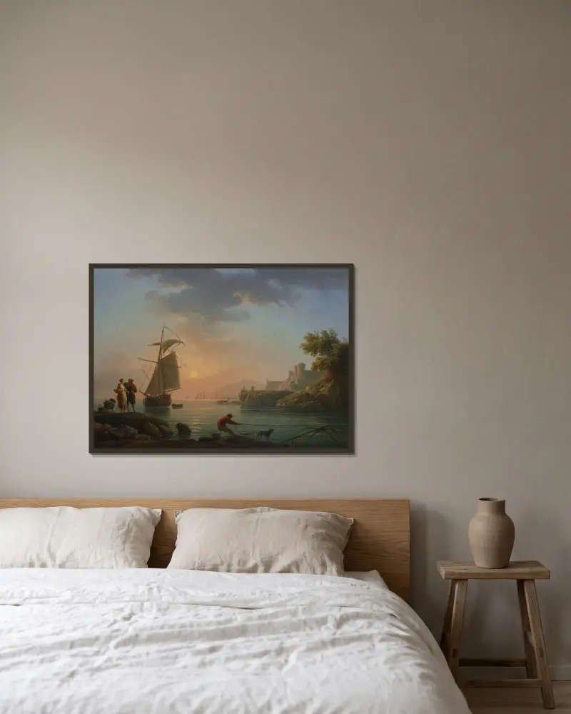 Mittelmeerhafen bei Sonnenuntergang, mit einem Fischer im Vordergrund von Claude-Joseph Vernet gerahmt an einer Wand