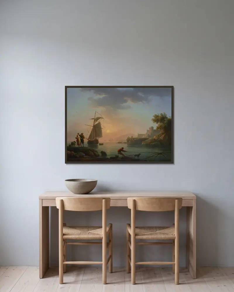 Mittelmeerhafen bei Sonnenuntergang, mit einem Fischer im Vordergrund von Claude-Joseph Vernet gerahmt an einer Wand