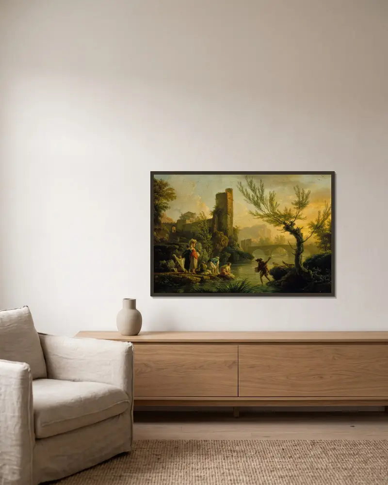 Paysage avec des lavandières av Claude-Joseph Vernet inramad på en vägg