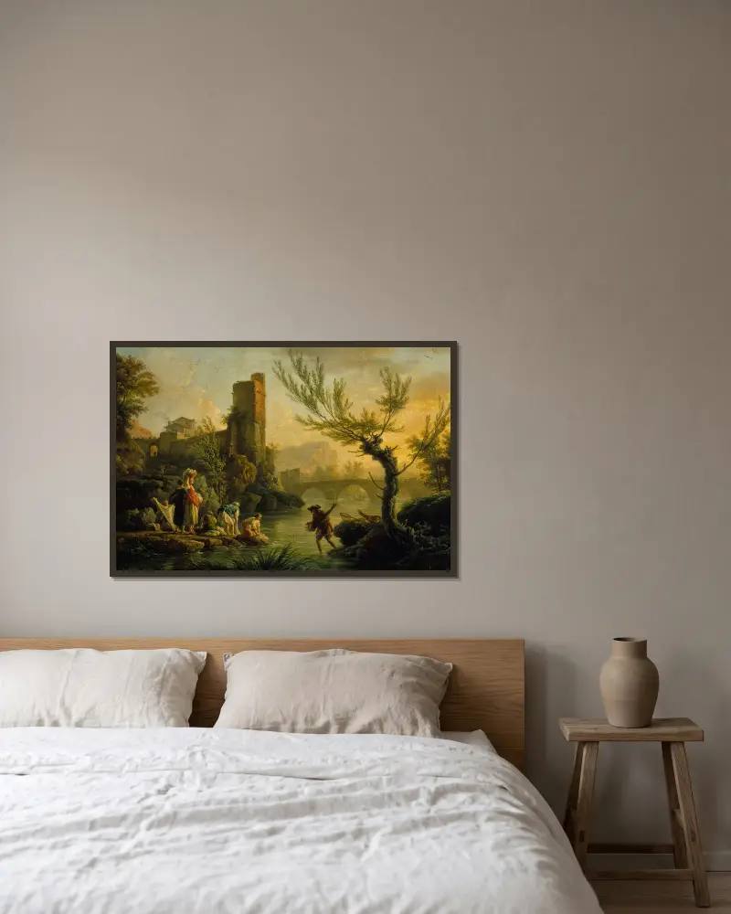 Paysage avec des lavandières av Claude-Joseph Vernet inramad på en vägg