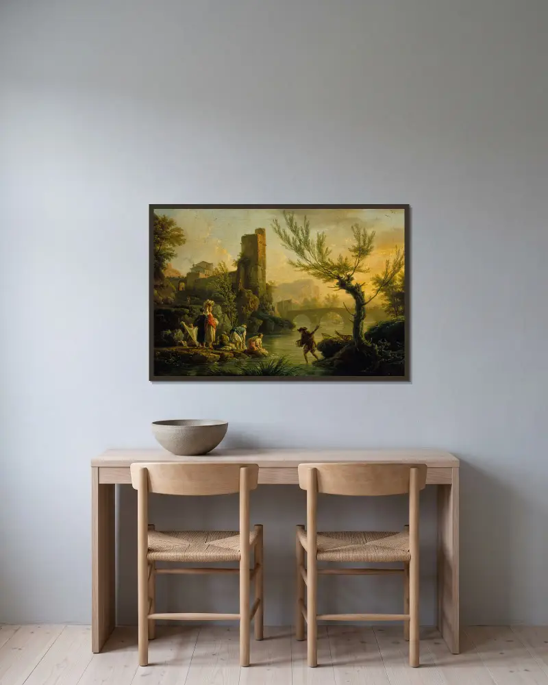Paysage avec des lavandières av Claude-Joseph Vernet inramad på en vägg