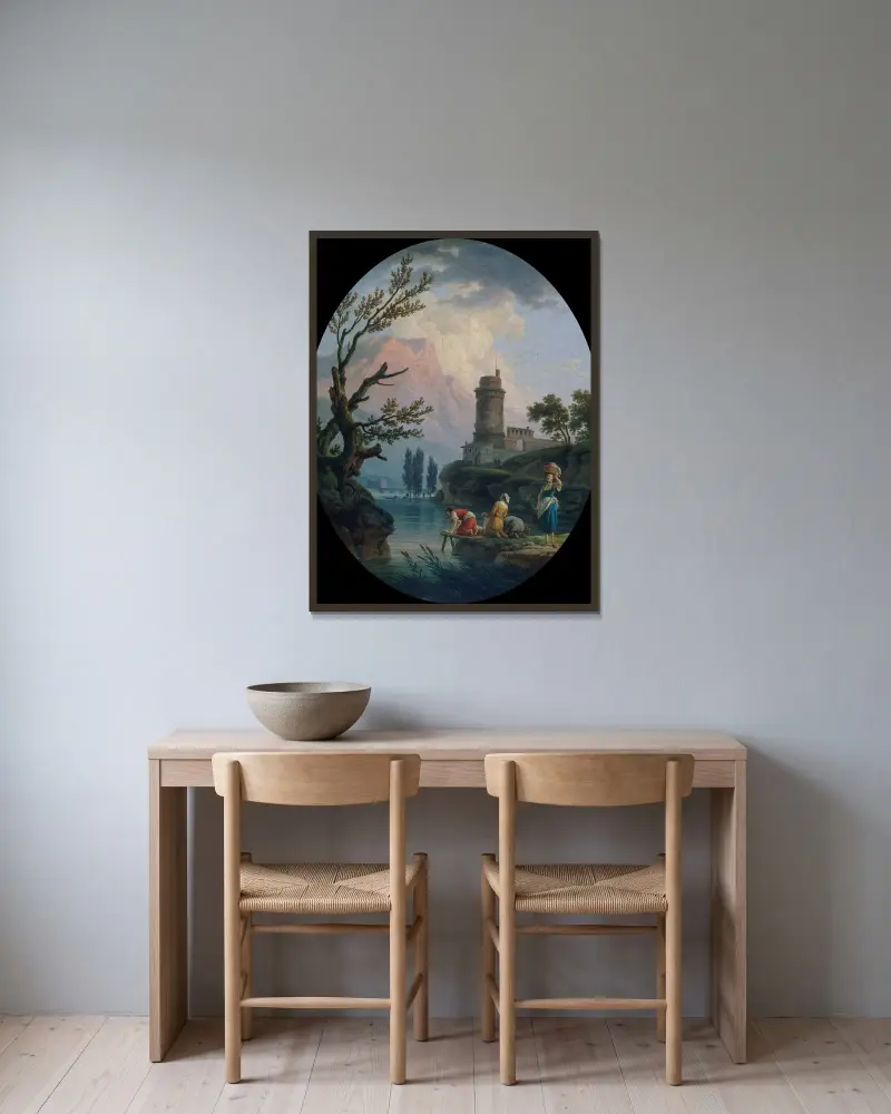 Paysage avec lavandières av Claude-Joseph Vernet inramad på en vägg
