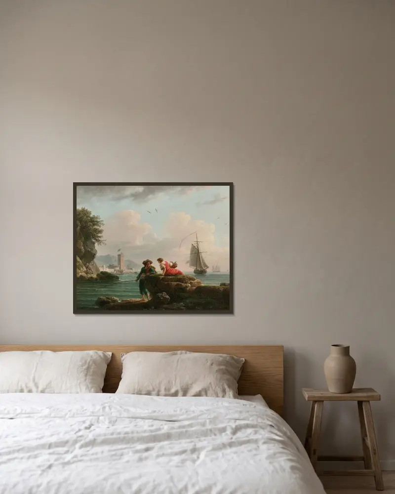Fiskare på en medelhavsstrand av Claude-Joseph Vernet inramad på en vägg