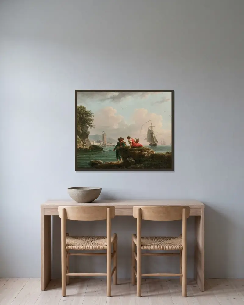 Fiskare på en medelhavsstrand av Claude-Joseph Vernet inramad på en vägg