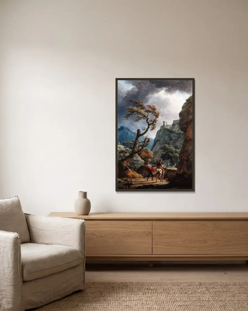 Soldater i en bergsklyfta med storm av Claude-Joseph Vernet inramad på en vägg