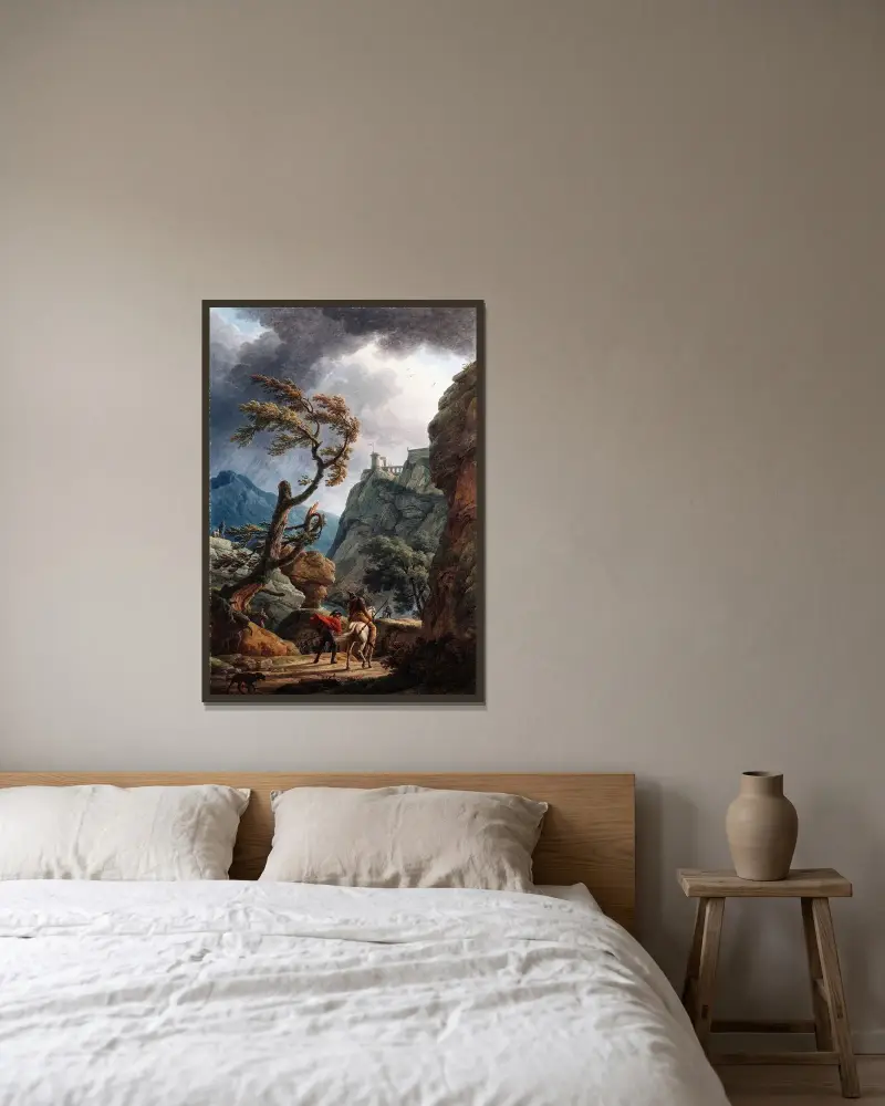 Soldater i en bergsklyfta med storm av Claude-Joseph Vernet inramad på en vägg
