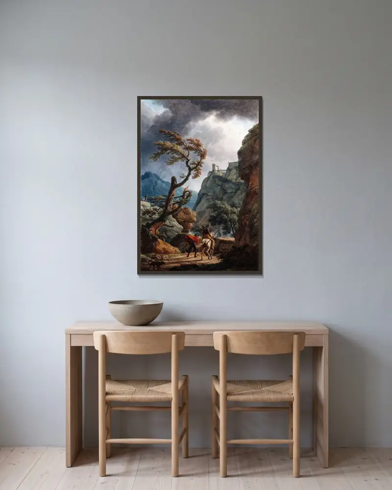 Soldater i en bergsklyfta med storm av Claude-Joseph Vernet inramad på en vägg