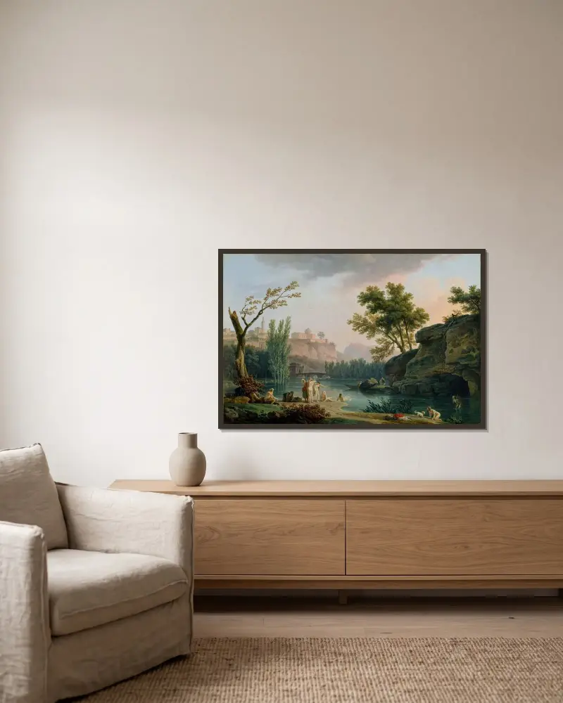 Sommarkväll, landskap i Italien av Claude-Joseph Vernet inramad på en vägg