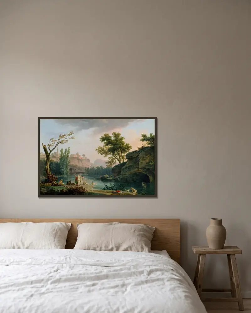 Sommarkväll, landskap i Italien av Claude-Joseph Vernet inramad på en vägg