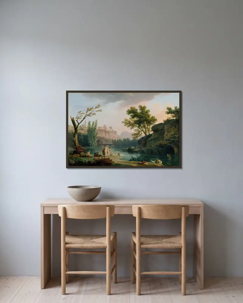 Sommarkväll, landskap i Italien av Claude-Joseph Vernet inramad på en vägg
