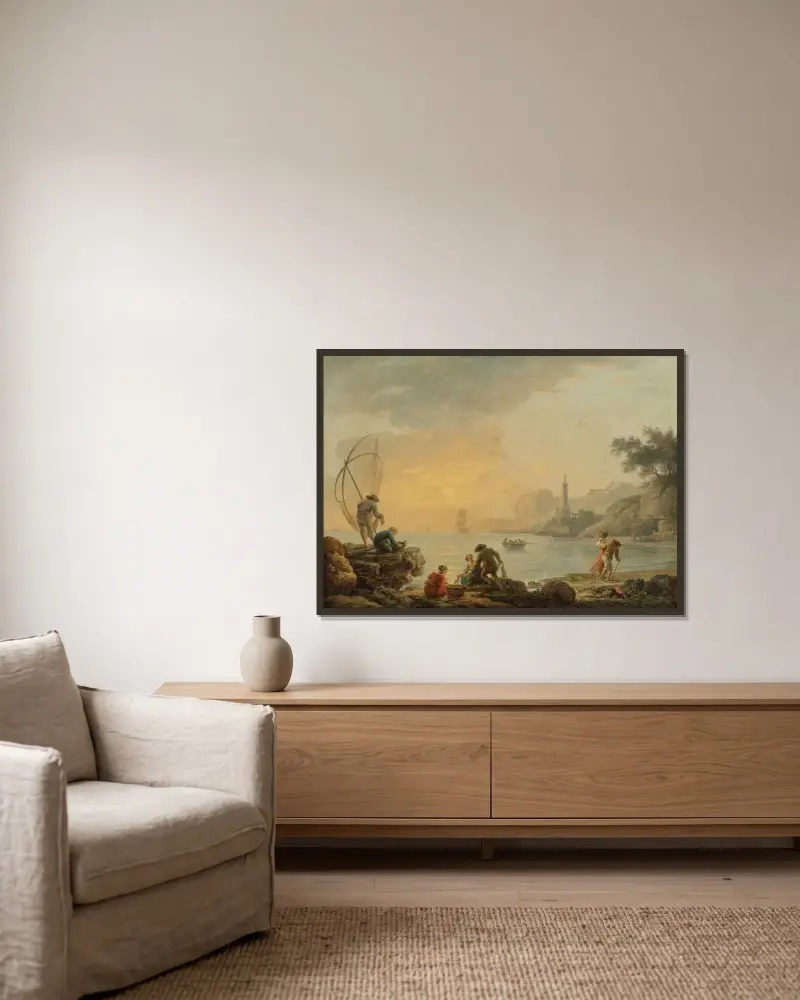 Soluppgång med fiskare av Claude-Joseph Vernet inramad på en vägg