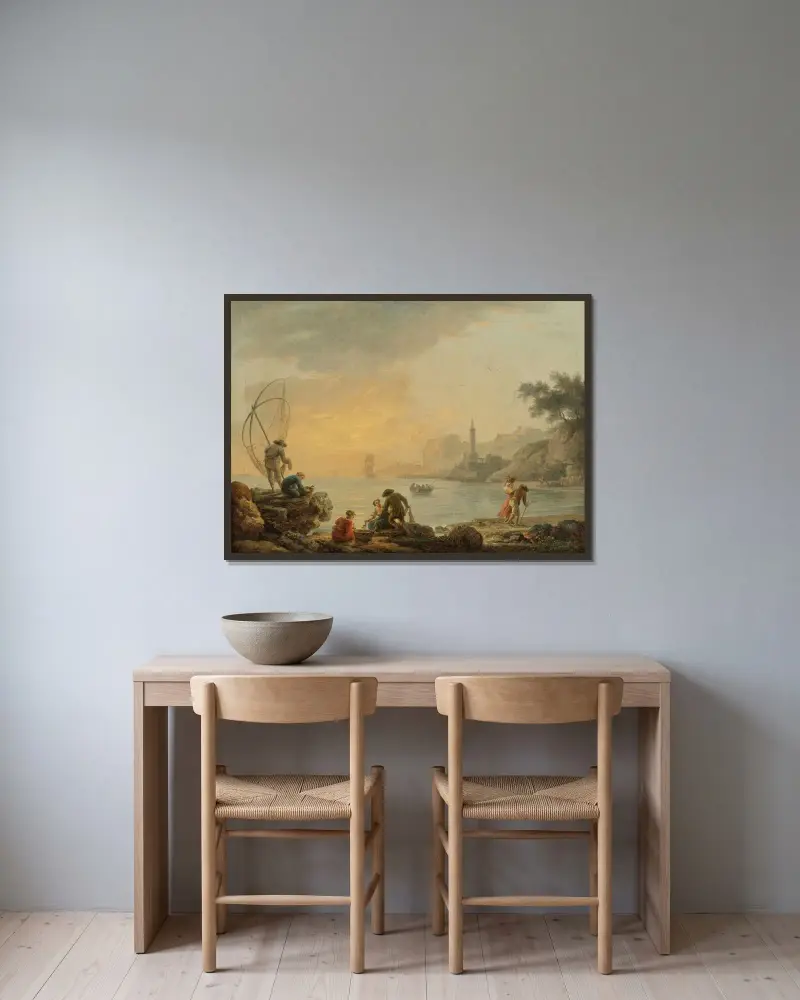 Soluppgång med fiskare av Claude-Joseph Vernet inramad på en vägg
