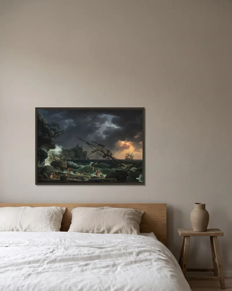 Skeppsbrottet av Claude-Joseph Vernet inramad på en vägg