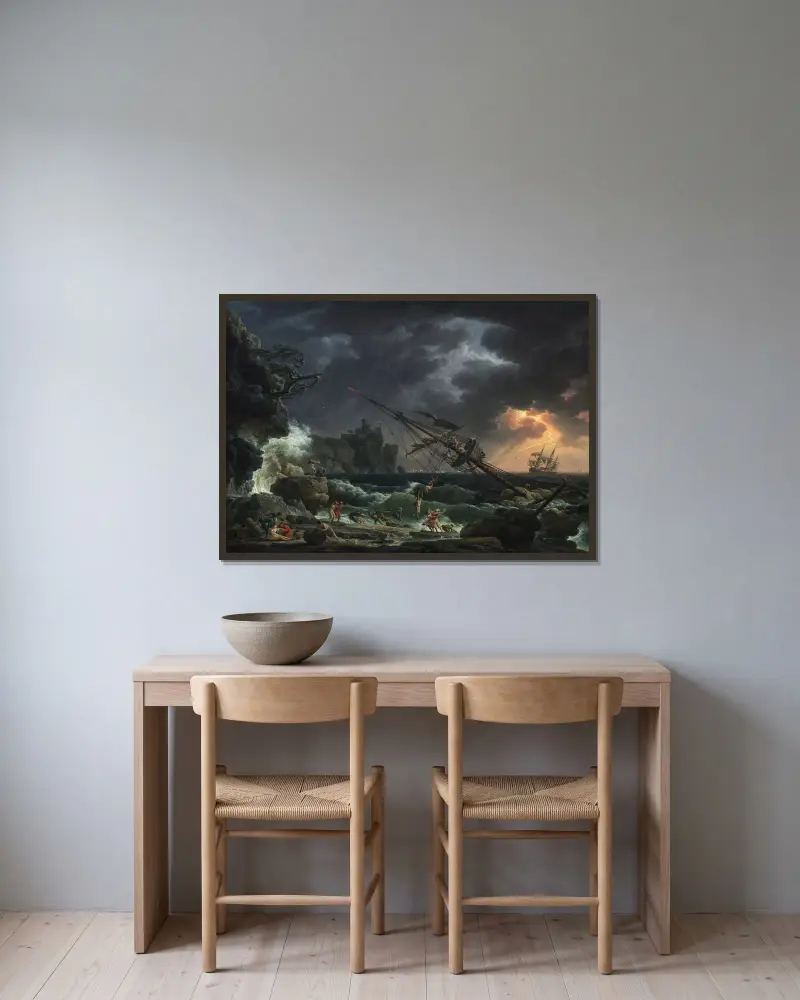 Skeppsbrottet av Claude-Joseph Vernet inramad på en vägg