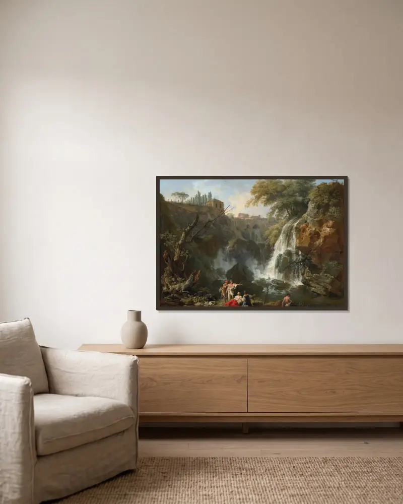 The Waterfalls at Tivoli, with the Villa of Maecenas av Claude-Joseph Vernet inramad på en vägg