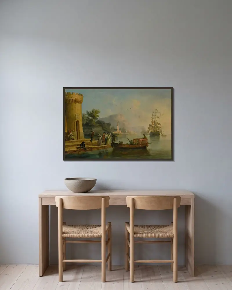 Utsikt över en medelhavshamn med en grupp figurer vid strandkanten, ett stort fartyg bortom av Claude-Joseph Vernet inramad på en vägg